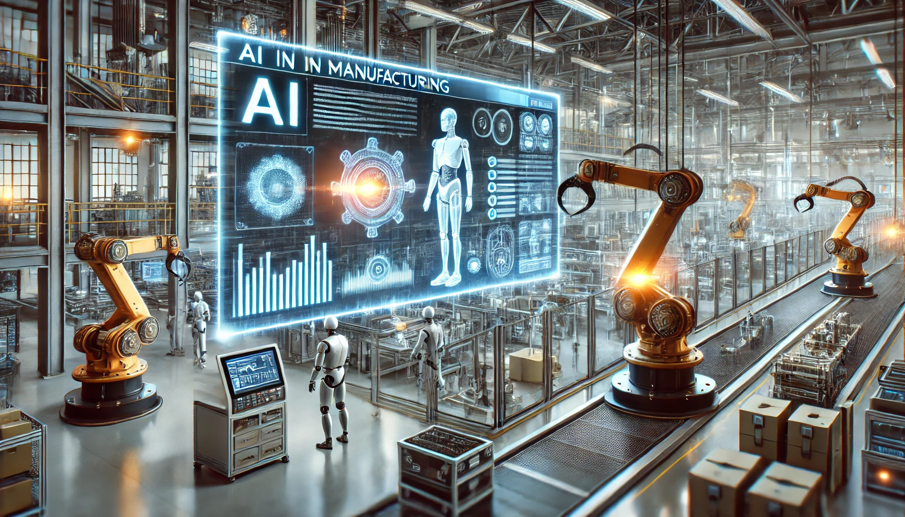 DALL·E 2025-01-24 19.22.33 - A futuristic representation of AI in manufacturing, featuring a high-tech factory floor with robotic arms working alongside human operators. Advanced