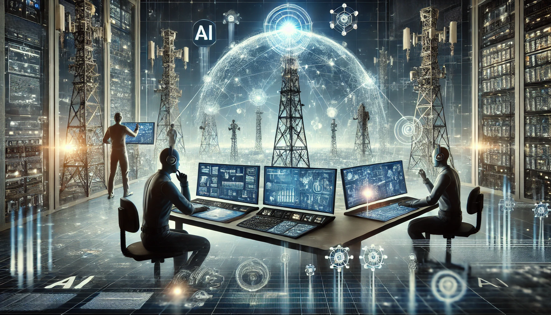 DALL·E 2025-01-24 19.24.37 - A futuristic visual representation of AI in the telecommunications industry, depicting a high-tech control center with advanced AI-driven systems opti