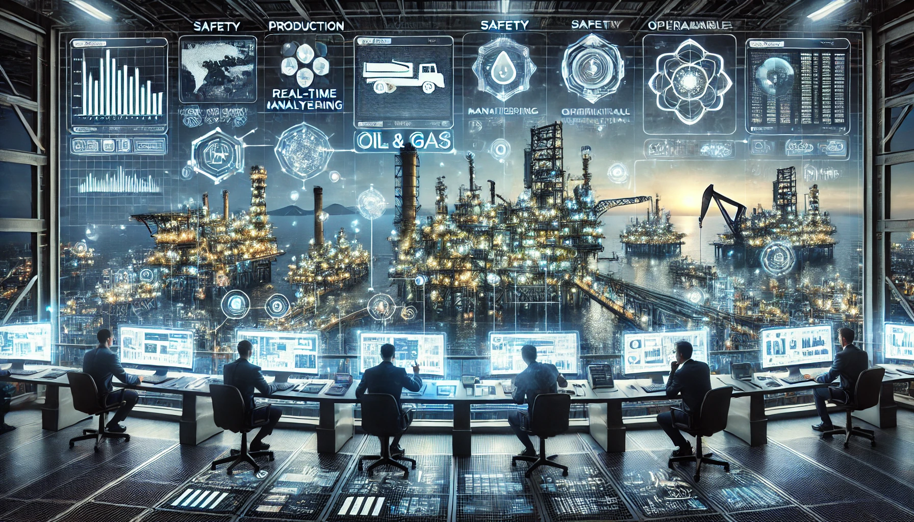 DALL·E 2025-01-24 19.30.32 - A futuristic depiction of an Oil & Gas data engineering project. The image features a high-tech control room overseeing vast industrial oil refineries